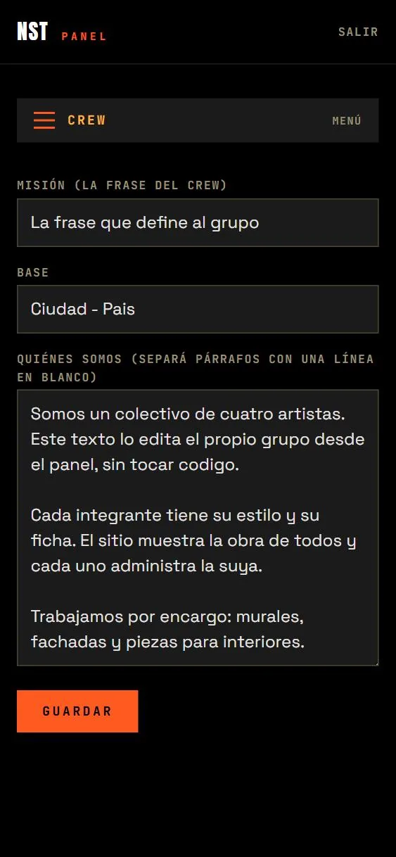 El mismo panel visto en un teléfono, con menú desplegable
