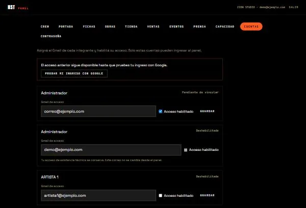 Pestaña Cuentas del panel, donde el administrador habilita el acceso de cada integrante