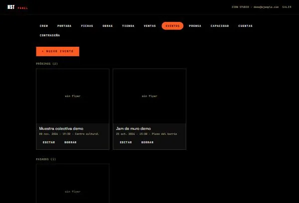 Pestaña Eventos del panel separando próximos y pasados