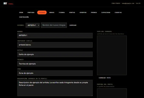 Pestaña Fichas del panel con los datos de un integrante