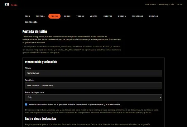 Pestaña Portada del panel con título, subtítulo y elección entre foto o video