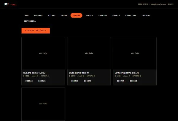 Panel de administración mostrando la pestaña Tienda con artículos, precio y stock