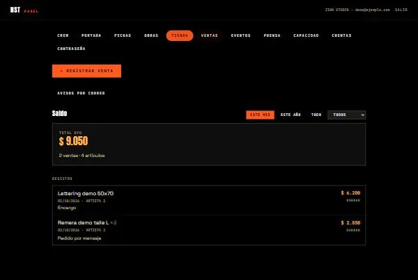 Pestaña Ventas del panel con el saldo del período y el registro de ventas