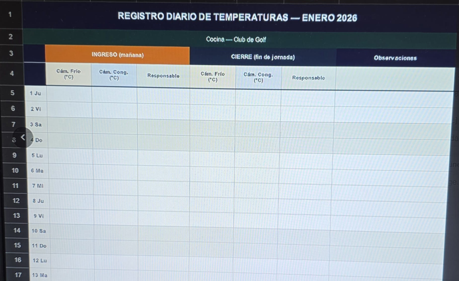Planilla de registro de temperaturas en papel, llenada a mano